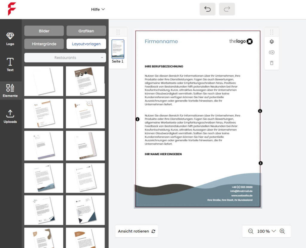 Screenshot Flyeralarm.de - Briefpapier-Gestaltung direkt via Online-Tool